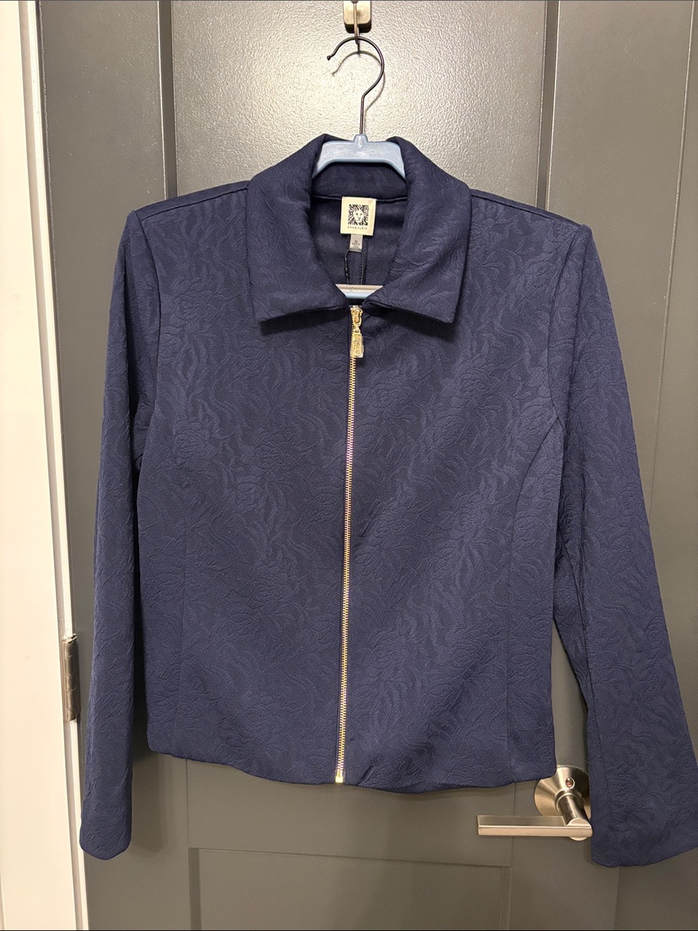 Anne Klein Navy Zip-Front Textured Blazer